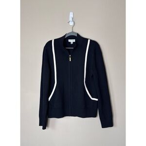 St. John Wool Knit Full Zip Black White Sweater Jacket Gold Logo Zipper Small